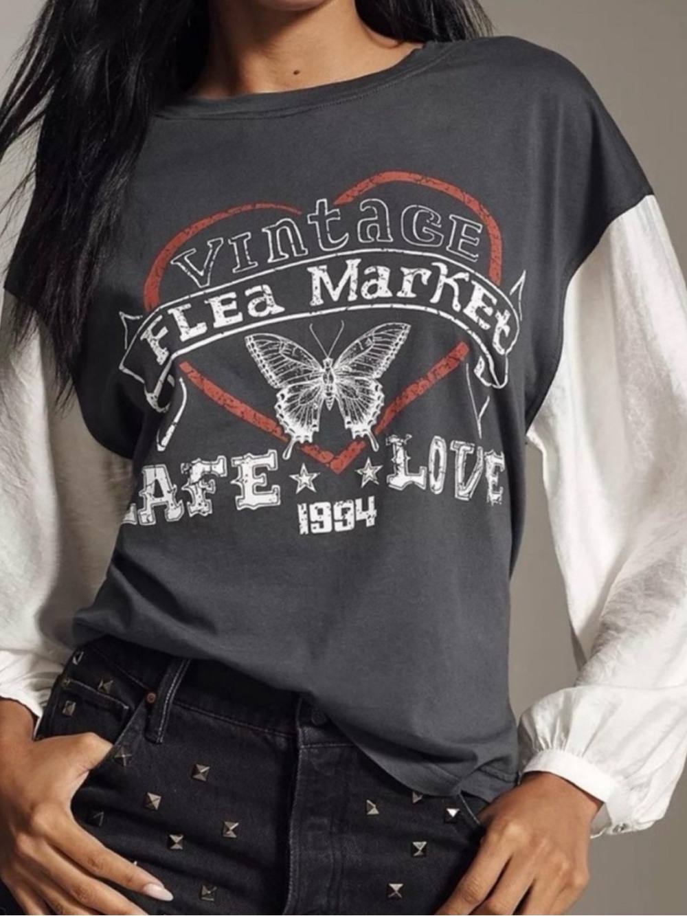 Pilcro Anthropologie Long Sleeve Tee Graphic Flea Market Large NEW